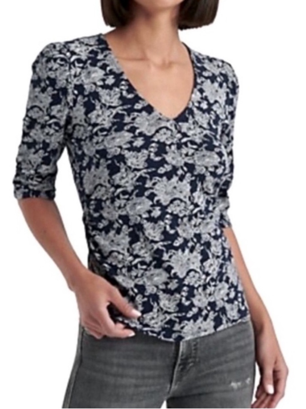 Lucky Brand Short Elbow Sleeve Blouse V-neck Cotton Knit Floral Navy Blue Size S